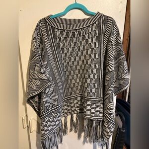 World Market Black & Cream Fringe Knit Poncho Sweater Boho Cape One Size NWT